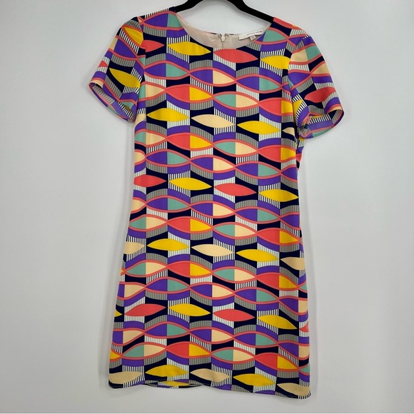 Lavender Brown Retro Multicolor Short Sleeve Mini Dress Shift Geometric XS - Picture 2 of 6